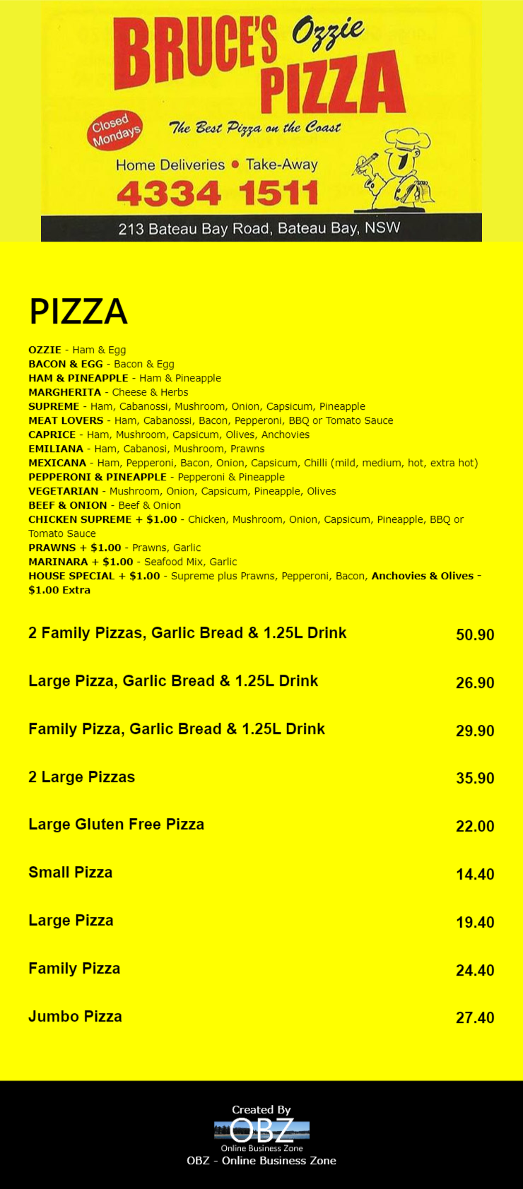 Bruce's Ozzie Pizza Bateau Bay Central Coast - NSW | OBZ Online Business Zone