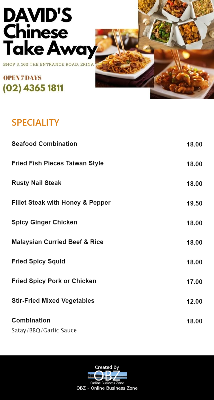 David's Chinese Take Away Erina Central Coast - NSW | OBZ Online Business Zone