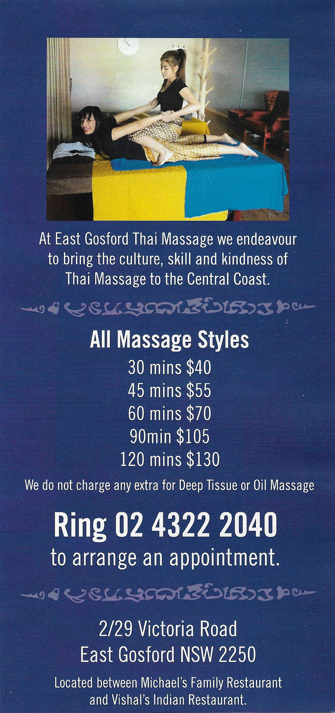 East Gosford Thai Massage Flyer East Gosford Central Coast - NSW | OBZ Online Business Zone East Gosford Thai Massage East Gosford Central Coast - NSW | OBZ Online Business Zone