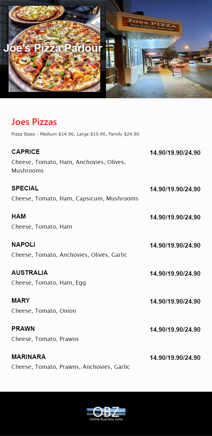 Joe's Pizza Parlour Gosford Central Coast - NSW | OBZ Online Business Zone